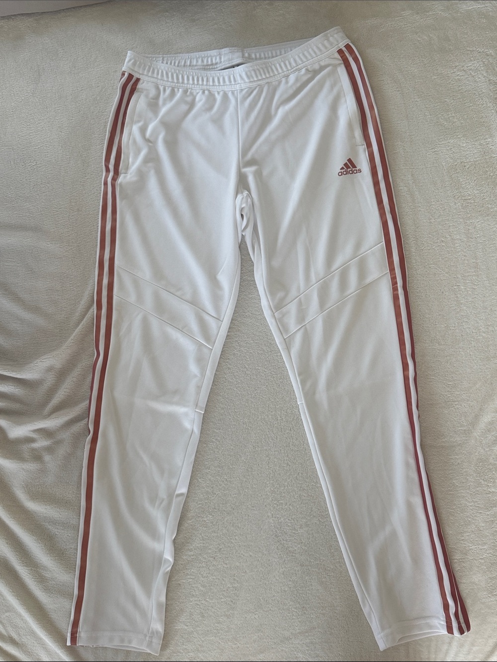 adidas White Track Pants with Dusty Rose Side Stripes